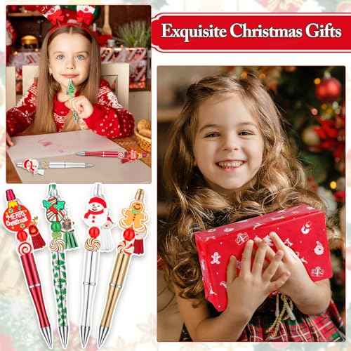220 Pcs Christmas Beaded Pens Bulk,22 Sets Christmas Pens Bulk with Christmas Focal Beads, Silicone Beads, Christmas Charms and Tassels, DIY Beadable Pens Gift for Office School Students