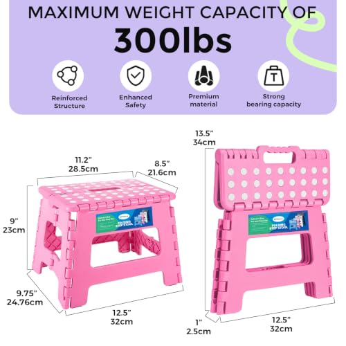 Pink Kids 9-Inch Folding Step Stool - Supports 300lbs for Toddlers & Children