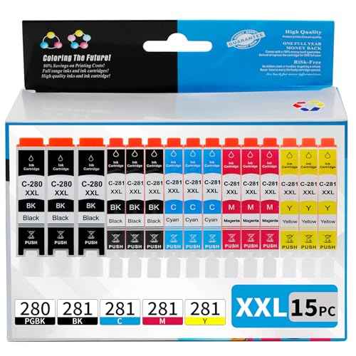 15 Pack 280 281 Ink Cartridge Replacement for Canon PGI 280XXL CLI 281XXL Ink Cartridges 280XL 281XL TR8620a TR8620 TR8520 TR8600 TR7520 TS702a TS9520 TS9521C TS6120 TS6220 TS9120 TS6320 TS8220