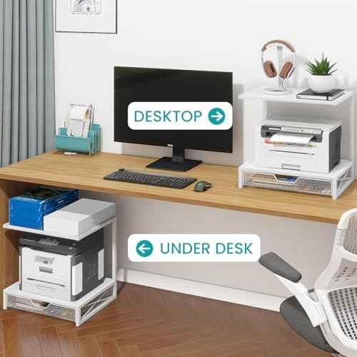 ELITEROO Printer Stand for Desk with Storage Drawer, 2 Tier Desktop or Under Desk Shelf, Wood Desk Organizer for Home Office, Fits 3D Printer, Scanner, Fax Machine, Cricut, White