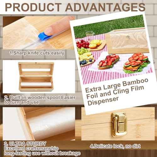 1 Pack 12 Inch Extra Large Foil and Plastic Wrap Organizer with Cutter, Bamboo Wrap Organizer Holder Holds 3000ft Film Rolls or 500ft-1000ft Foil Rolls for Restaurant Kitchen Food Service