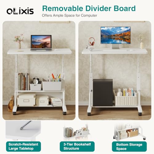 OLIXIS White 32in Rolling Adjustable Desk with Storage Shelves - Home Office