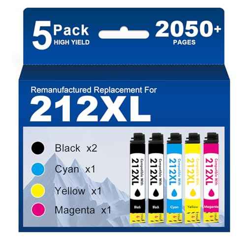 212XL 212 Ink Cartridges Combo Pack: Remanufactured Replacement for Epson Printer Workforce WF-2850 WF-2830 WF-2810 Expression Home XP-4100 XP-4105 (5 Pack, Black*2 Cyan Yellow Magenta)