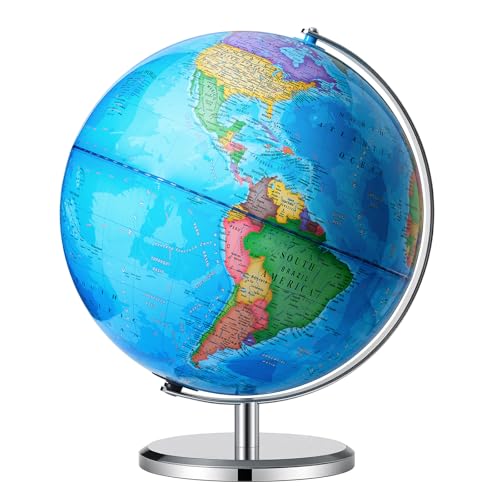 Blue 13-Inch World Globe with Metal Stand - HD Political Map for Learning & Decor
