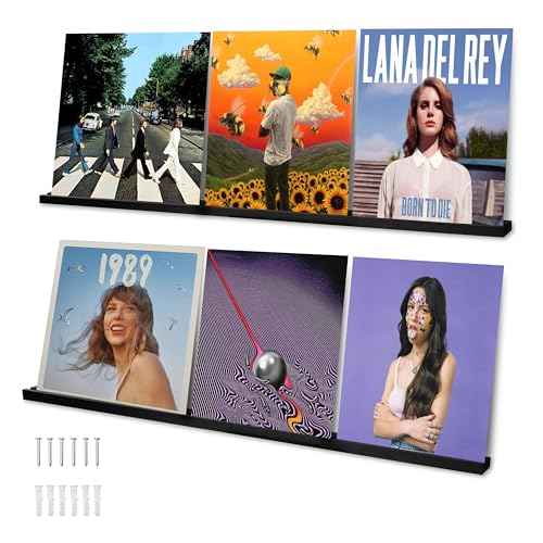 Ilyapa Vinyl Record Holder Wall Mount Vinyl Record Shelf - 2 Pack 39.5-inch Wood for 6 Records Display & Shelves, Includes Mounting Hardware - Black