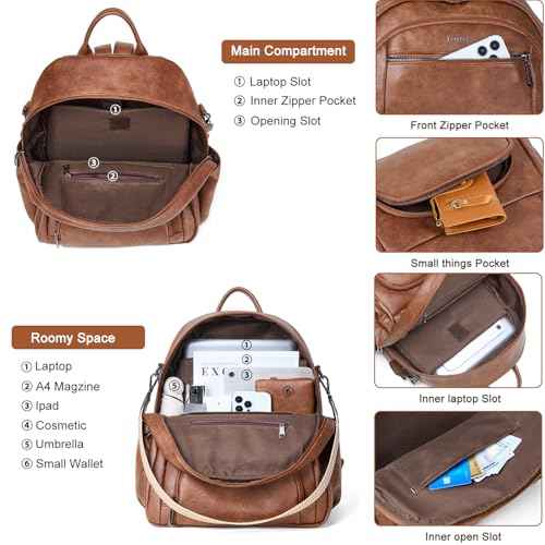 35L Backpack Purse for Women Men Large Travel Backpack for Work College Laptop Back Pack Vegan Leather Fashion Brown