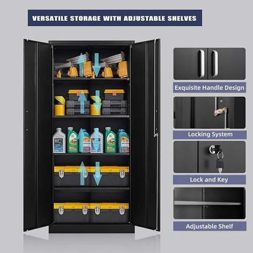 Guizeeopo Metal Garage Storage Cabinet - Adjustable Shelves & Doors | 71"H Matte Black Kitchen Pantry & File Cabinet