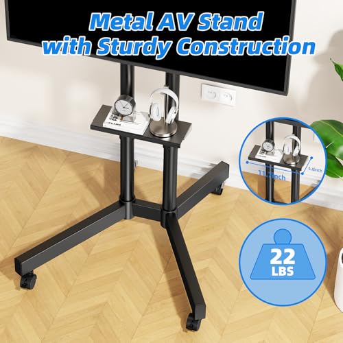 Rolling TV Stand with Laptop Shelf, Mobile TV Stand with Upgraded Wheels for 32-75 Inch TV, Height Adjustable Mobile TV Cart up to 110lbs, for Outdoor, Home, Office (with Shelf)