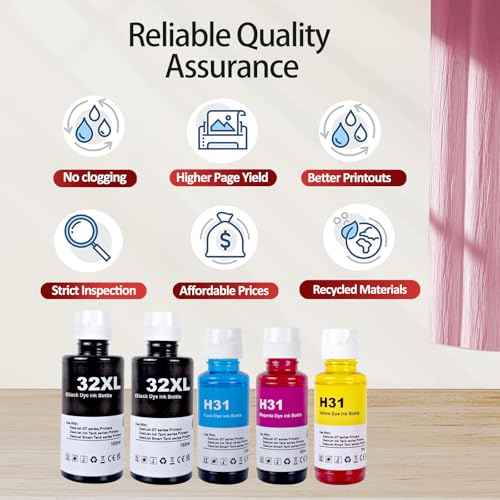 Compatible 31 32XL Ink Bottle Set 5 Pack 31/32 XL Ink Refill Replacement for Smart Tank 7301 7001 7602 5000 6001 5101 5102 5103 Plus 651 551 455 457 450 Remanufactured (2BK 165ML, CMY 100ml