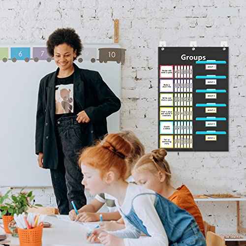 REGELETO Small Group Management Pocket Chart with 96 Cards Classroom Jobs Chart Small Group Organizer and on Task for School Teacher Elementary Preschool Learning Supplies (Black)