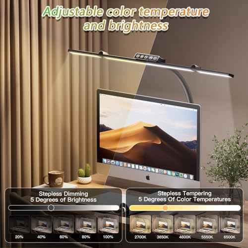 Architect Lamp with Clamp, Double Head Computer Monitor Gooseneck Desk Light with Remote Control, 24W Flexible Dimmable LED Desktop Table Lamp