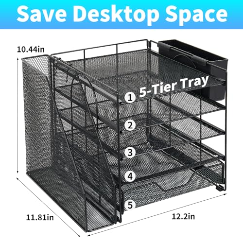 Gugsey Black 5-Tier Desk File Organizer with Drawer & Pen Holder