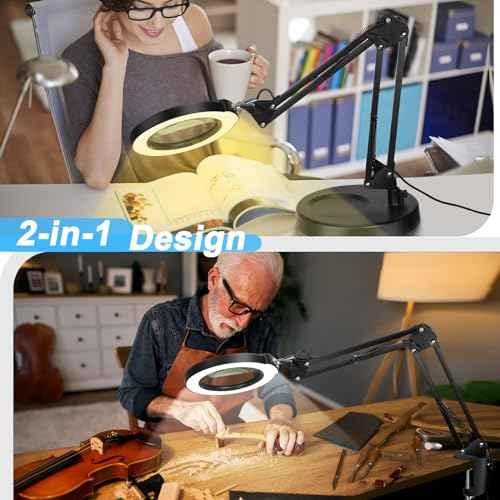 10X Magnifying Glass with Light and Stand, 5 Color Modes Stepless Dimmable 2-in-1 Lighted Magnifier with Clamp, LED Desk Lamp Hands Free for Crafts Hobby Reading Painting Sewing Close Work