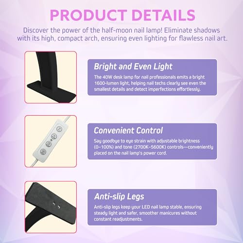 Half Moon Light for Nail Desk, ? 2000 Lumen Half Moon Aluminum Table Lamp Nail Desk Lamp with Wire Controller & Remote, LED Brightness for Beauty Tattoo Crafts, Eyelash Makeup, Lash Tech Black