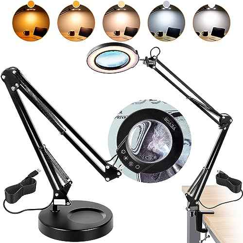 VEVOR 5X Magnifying Glass with Light and Stand, ¡¼Upgraded¡½ 5 Color Modes Stepless Dimmable, 4.3" Glass Lens Magnifier Desk lamp, 2-in-1 Magnifying Light and Stand for Crafts, Reading, Close Work