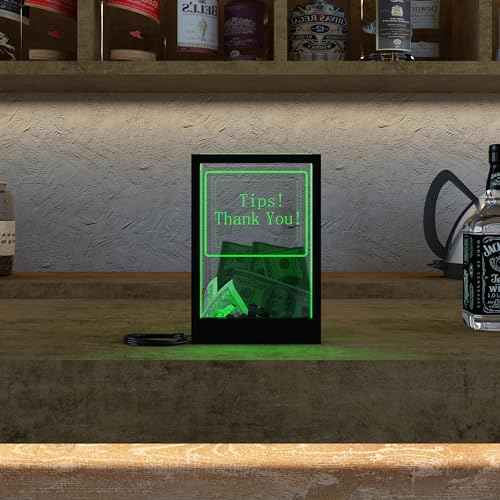 Tip Jar with 2 Sign Holders, LED Light & Lock for Bar & Party, Donation Box with Sign Holder ''Tips! Thank You!'', Suggestion Box with DIY Blank Sign Holder for Getting Cards, Voting & Ballots