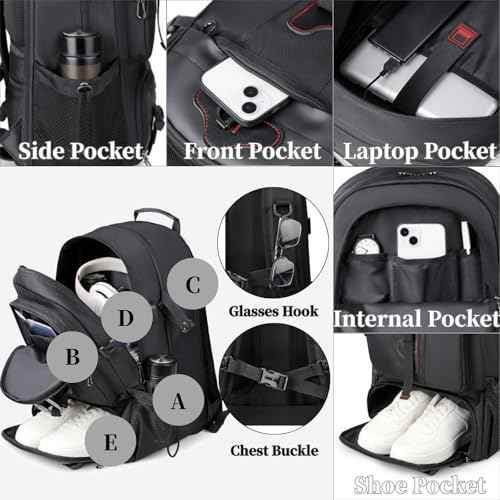 Travel Backpack 50L, 17 Inch Laptop Backpack for Men Women, Large Waterproof Carry On Backpack, TSA Friendly Flight Approved Anti-Theft Backpack with USB Interface & Shoe Compartment, Black