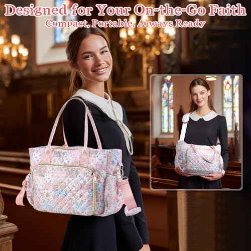 Large Bible Bag Quilted Bible Cover Case Kit for Women Church Bag with Shoulder Strap Study Supplies Carrying Case 6 Highlighters 5 Pens Tabs Journaling Kit Christian Gifts(Spliced Flower)