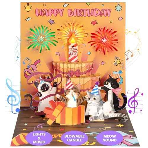 Meow Song Musical Birthday Card - DIY Age & Blowable Candle & Colorful Lights Birthday Pop Up Card 3D Cute Funny Cat, Surprise Gifts for Girl Boy Kids Women Cat Lover with Envelope Blank Note