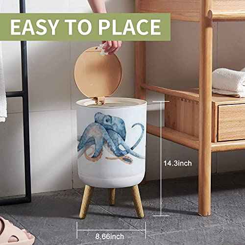 Small Trash Can with Lid Watercolor Hand Drawn of Octopus in Blue Color Isolated on White Garbage Bin Wood Waste Bin Press Cover Round Wastebasket for Bathroom Bedroom Office Kitchen
