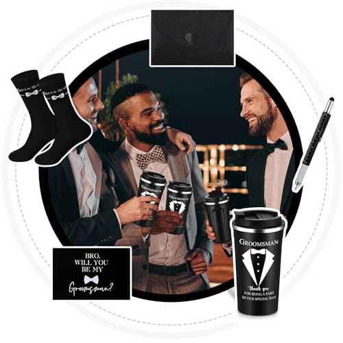 Nuanchu 4 Set Groomsmen Gifts for Men Wedding Proposal Gift 17 oz Stainless Steel Tumbler Groomsman Socks Multi Tool Metal Ballpoint Pen with Black Greeting Card Envelope for Groomsmen male (Black)
