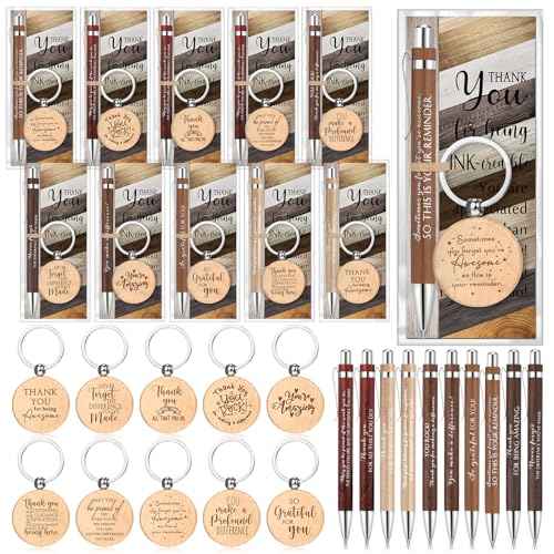 60 Sets Appreciation Gift Bulk for Employee Bamboo Ballpoint Pen Inspirational Wooden Keychain Thank You Bookmark Card Set for Vet Tech Medical Assistant Office Team Student Teacher Gift