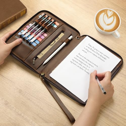 Ringsun Genuine Leather Portfolio with Zipper, Padfolio Portfolio Organizer Folder for Men Women, Professional Business Card Holder for A5 Letter Size Notepad, Resume, Writing Pad, Pen Loop