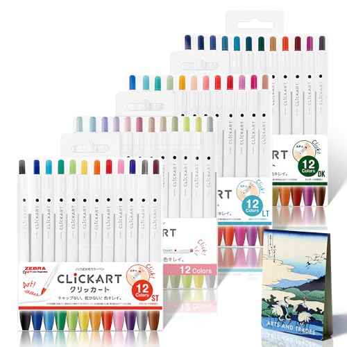 Zebra Clickart Retractable Marker Pens 48 Colors Complete Set, 4 Unique 12-Color Sets Included, Water-Based Ink, Smooth Writing, Ideal for Note-Taking and Artwork with Ukiyo-e sticky notes