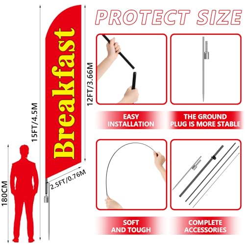Blulu Shop Advertising Feather Banner Sign with Completed 15 Feet Tall Advertising Flag Banner with Fiberglass Pole Kit and Rotating Ground Spike for Outdoor Decoration(Breakfast)