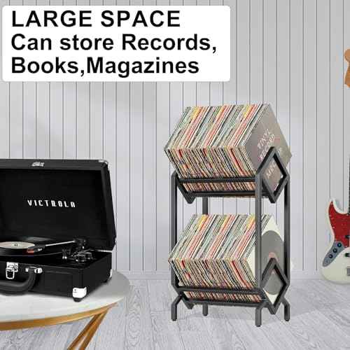 2-Tier Vinyl Record Storage Rack Display Stand Storage Shelf, 160-200 LP, Metal Matte Black VINYL Record Holder,Magazine Display,Book Organizer,2 Tier,Quick Assembly,