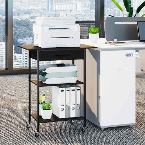 3-Tier Printer Stand, Printer Table with Fabric Drawer, Industrial Printer Storage Cart with Wheels, Rolling Printer Stand for Heat Press Scanner Fax, Black