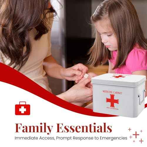 Flexzion First Aid Box Organizer, Empty 8.5 Inch White Vintage First Aid Kit Tin Metal Medical Box Storage Container Bins with Dividers, Removable Tray and Cross Logo