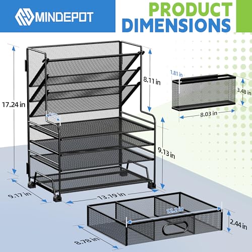 4-Tier Paper Organizer + 3-Pocket File Holder + Drawer + Pen Holders, Desktop File Organizers Paper Tray for Office Accessories School Classroom Organization (Black)