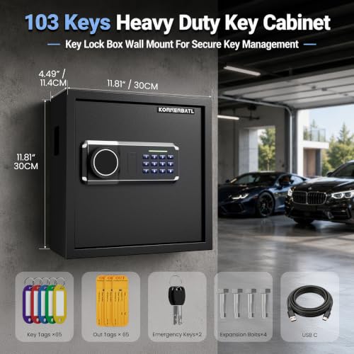 KornerBatl 65-Key Heavy Duty Wall Mount Key Cabinet with Code - 65 Key