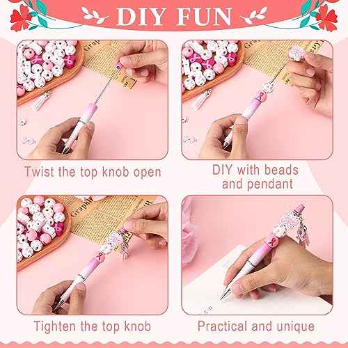 Colarr 60 Pcs Pink Ribbon Beadable Pen Breast Cancer Awareness Bulk Items Plastic Beadable Pens Breast Cancer Pens DIY Pens Making Kit DIY Beaded Pen for Students Women Girls Office School Supplies