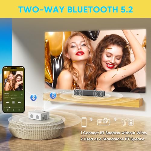 Mini Bluetooth Projector, Full HD 1080P Supported Portable Outdoor Movie Projector for iOS, Android, Windows, Compatible with TV Stick/HDMI/Smartphone/PS4/USB [Remote Included]