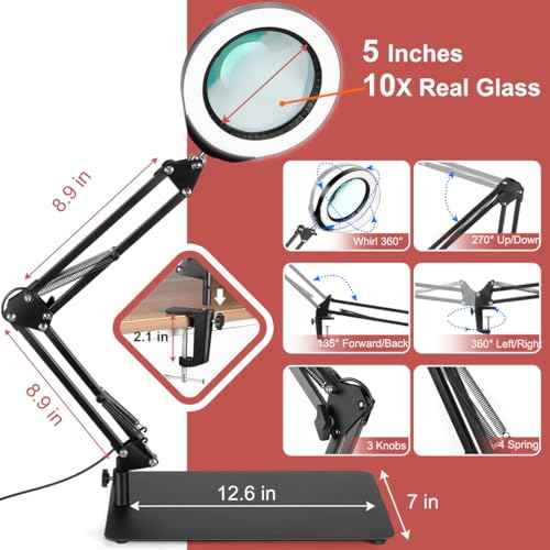 Veemagni 5 Inch Large Magnifying Glass with Light and Stand, 5 Color Modes Stepless Dimmable 10X Glass Lens, Hands Free 2-in-1 Desk Lamp & Clamp, LED Lighted Magnifier for Repair Crafts Close Work