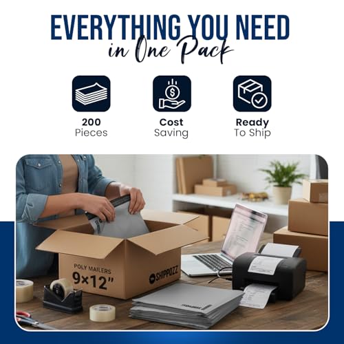 Shippozz 9x12 Waterproof Poly Mailers 200 Pack - Self Seal Shipping Bags for Clothes & Books