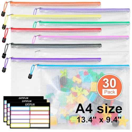 CATIFLIN 30 Pack Mesh Zipper Pouch Bags, A4 Letter Size, Clear Plastic Zip Bags for Board Game & Puzzle Storage, Waterproof & Durable Document Bags for Office, School, Travel, Art & Craft Supplies