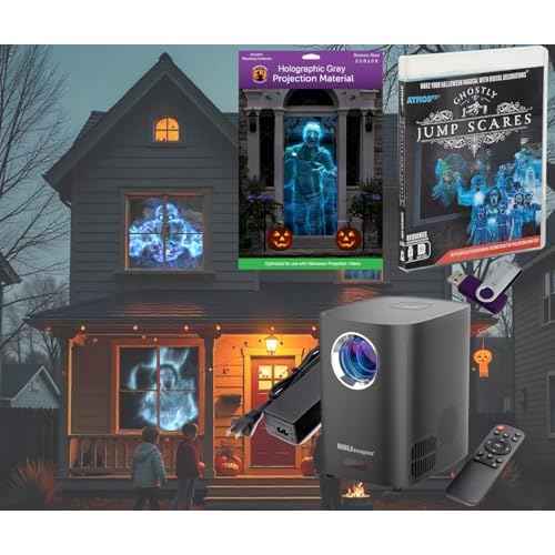 HoliScapes¢ç USB Projector Kit - AtmosFx Ghostly Jump Scares USB + Projector + 5.5' x 9' Large Gray Holographic Screen for Halloween Projection