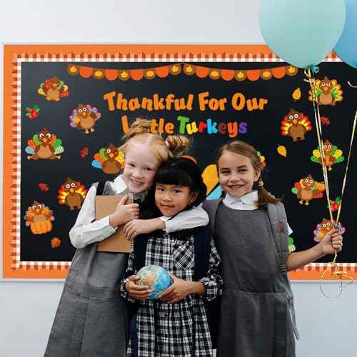 Thanksgiving Turkey Bulletin Board Set Fall Turkey Bulletin Board Classroom Decoration Autumn Maple Leaves Cutouts Home Window Wall Party Decor for Teacher(Thankful For Our Little Turkeys)
