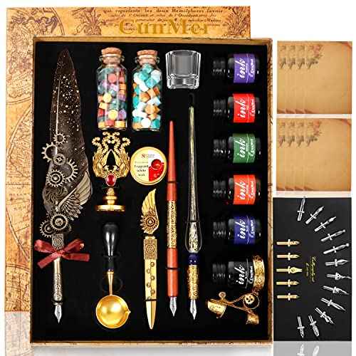Quill Pen and Ink Set - Mechanical Punk Feather pen - Wooden Dip Pen - Glass Drawing Pen - Multi Ink Calligraphy Pen Set - Basic Wax Seal Stamp Kit- 17 Calligraphy Nibs£¨Grey£©