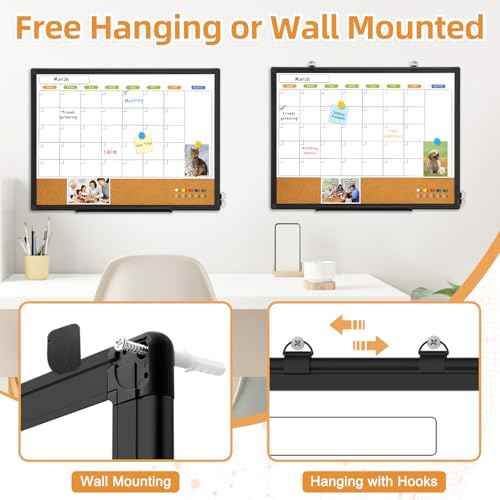 Dry Erase Calendar Whiteboard for Wall, WALGLASS 24" x 18" Double-Sided Monthly Calendar White Board Cork Combo, Black Aluminum Frame Hanging Wall Mounted Bulletin Corkboards for Home, Office, School