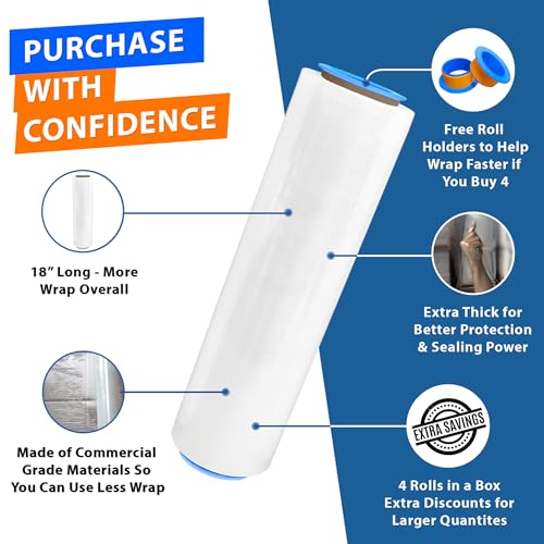 Lifetime Supplies 4 Pack Heavy Duty Clear Plastic Stretch Film 18" x 1500 Ft 80 Gauge - Industrial Shrink Wrap with Holder Included