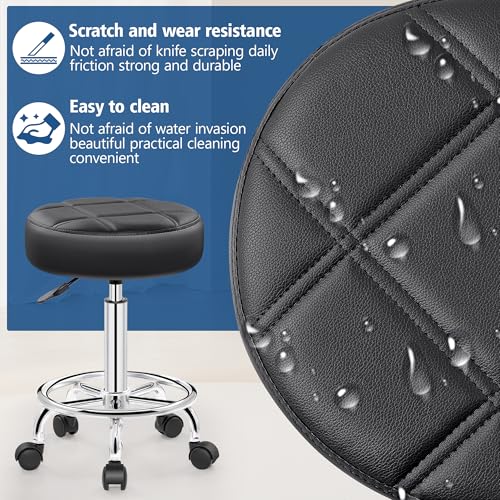 Brick Attic Black Rolling Stool with Wheels - PU Leather, Height Adjustable 19.9-25.8 in, 360° Swivel | Spa/Salon Office Chair