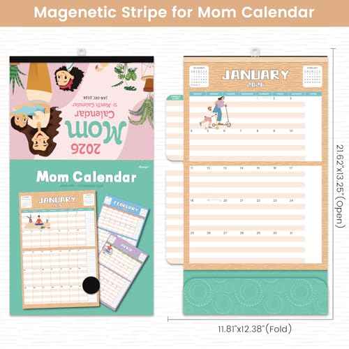 2026 Calendar - Mom Calendar 2026, Magnetic Calendars for Refrigerator, Jan.2026 - Dec.2026, 11.81"x12.38", Family Calendars 2026, Fold-out Wings, Large Pocket, Hanging Hook
