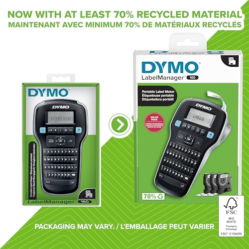 DYMO LabelManager 160 Label Maker Bundle with 3 D1 Tape Cassettes, Portable Handheld Office Organizer