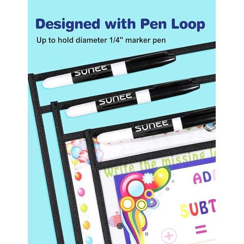 SUNEE 50 Packs Oversized Reusable Dry Erase Pocket Sleeves with 3 Rings, Black 10x14 Ticket Holders, Clear Plastic Sheet Protectors, Teacher School Classroom Supplies