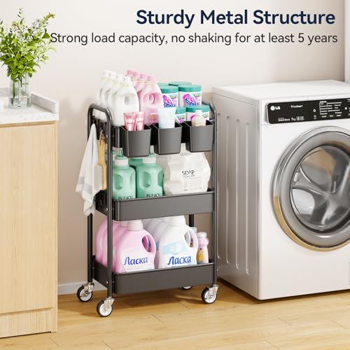 YASONIC Black 3-Tier Heavy Duty Metal Utility Cart with Wheels