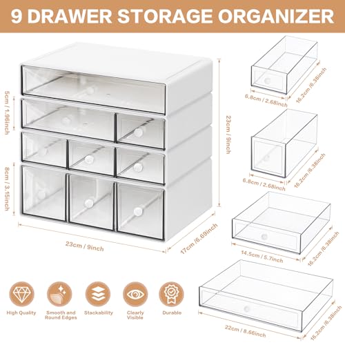 FODIENS White 9-Drawer Stackable Desk Organizer with 4 Tiers for Office & Craft Storage